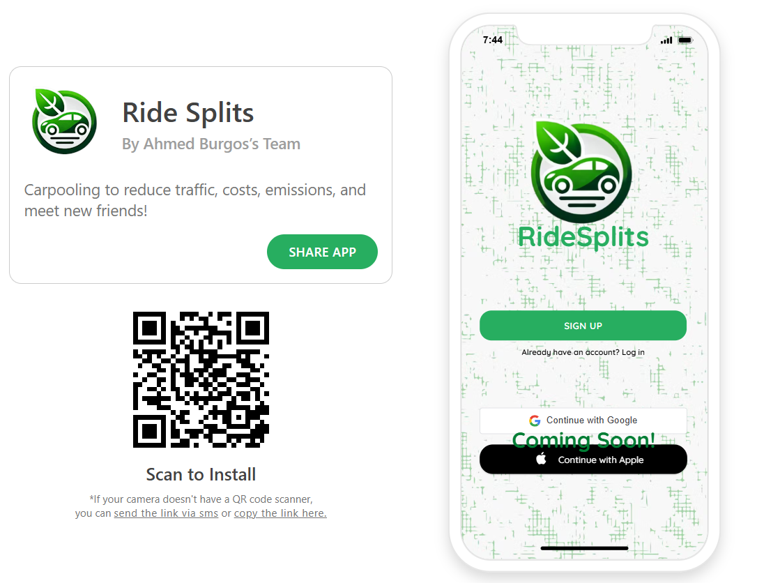 Ridesplits Adalo qr code and app home screeen preview