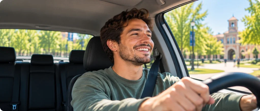 Smiling student driving through campus with hands on the wheel