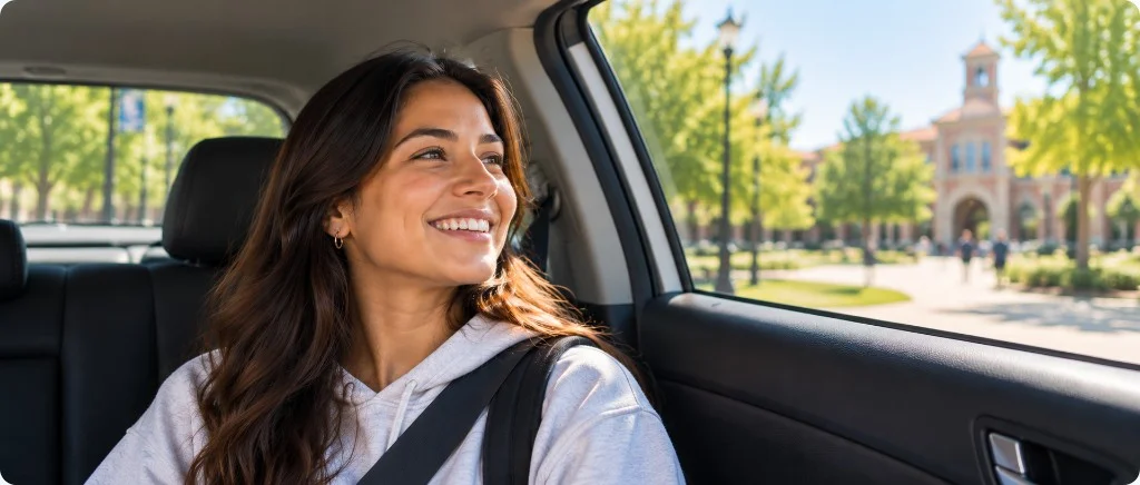 Smiling student looking out the car window on the way to campus
