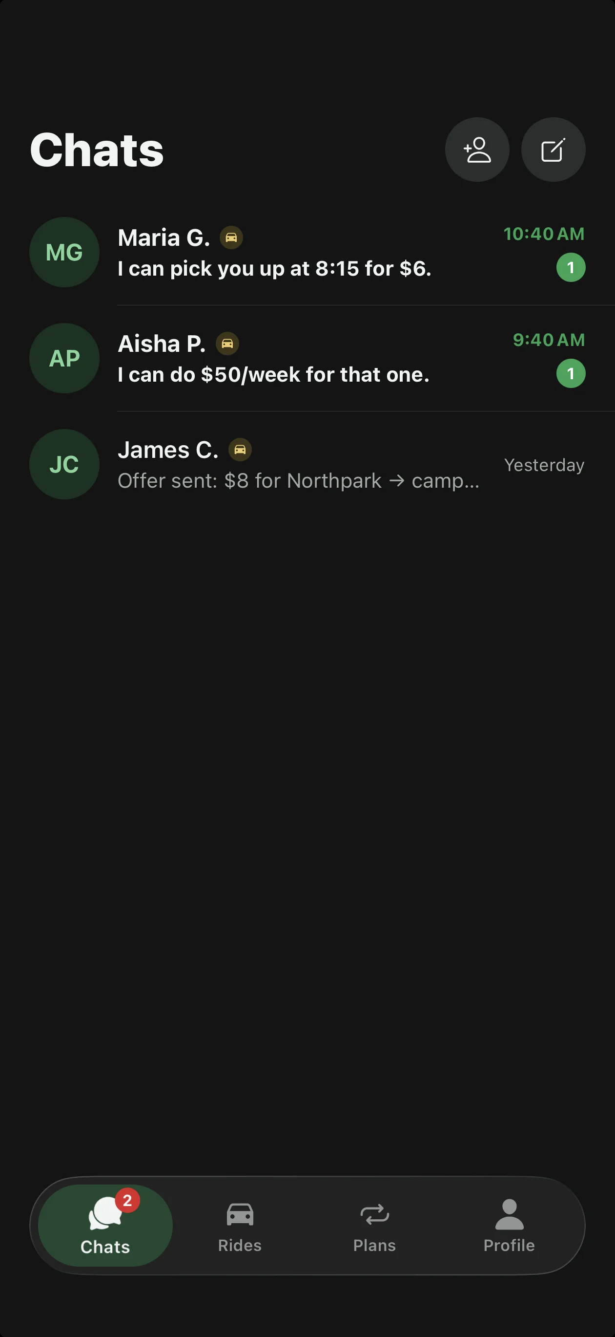 Chats with drivers offering pickup times and prices