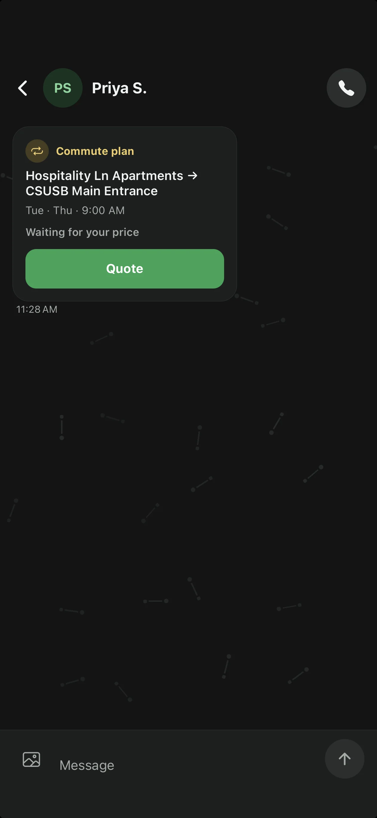 Chat with a Tuesday and Thursday commute plan request waiting for the driver's price