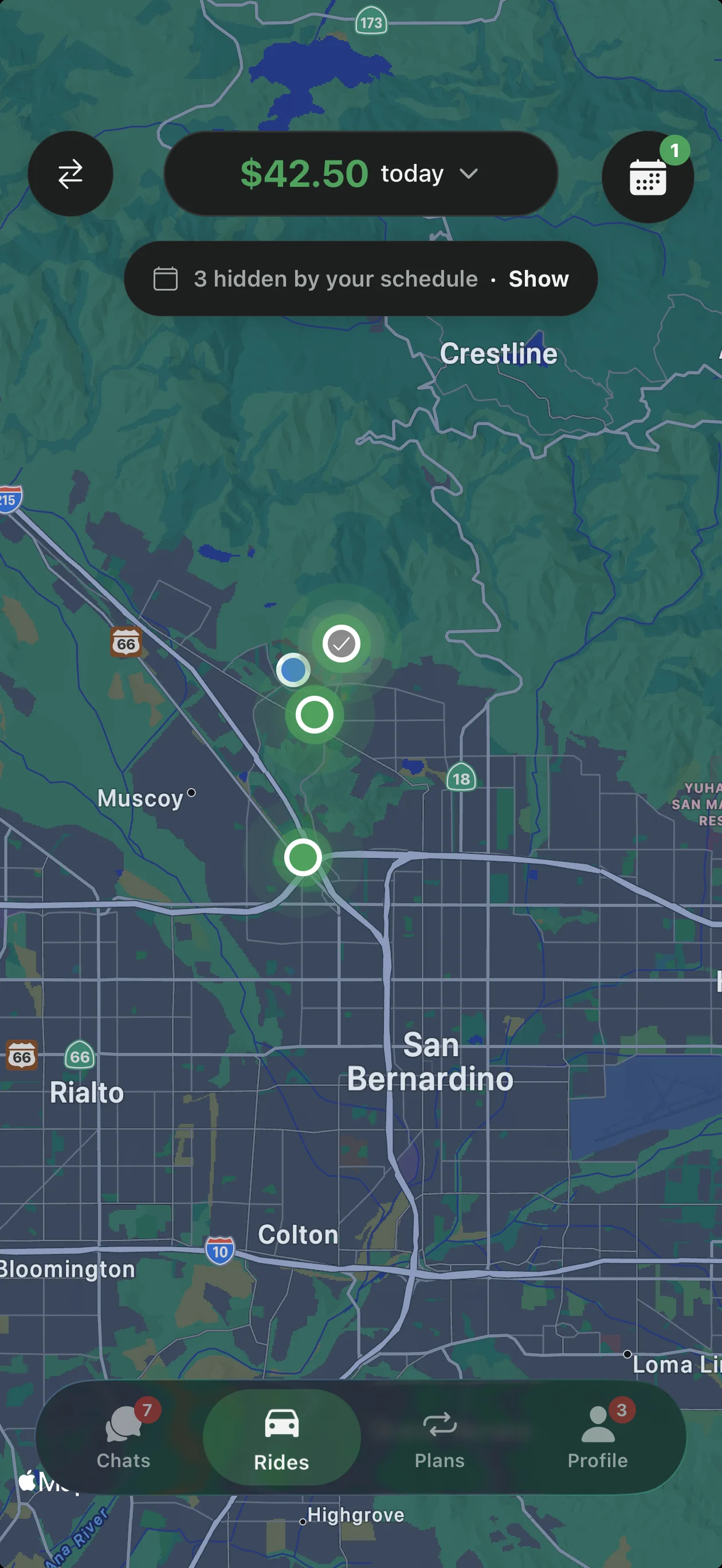 Driver map showing $42.50 earned today and nearby pickups