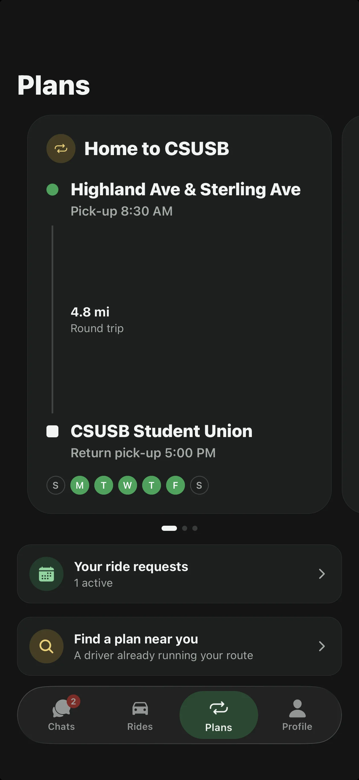 Commute plan to the CSUSB Student Union, Monday to Friday, pickup 8:30 AM and return 5:00 PM