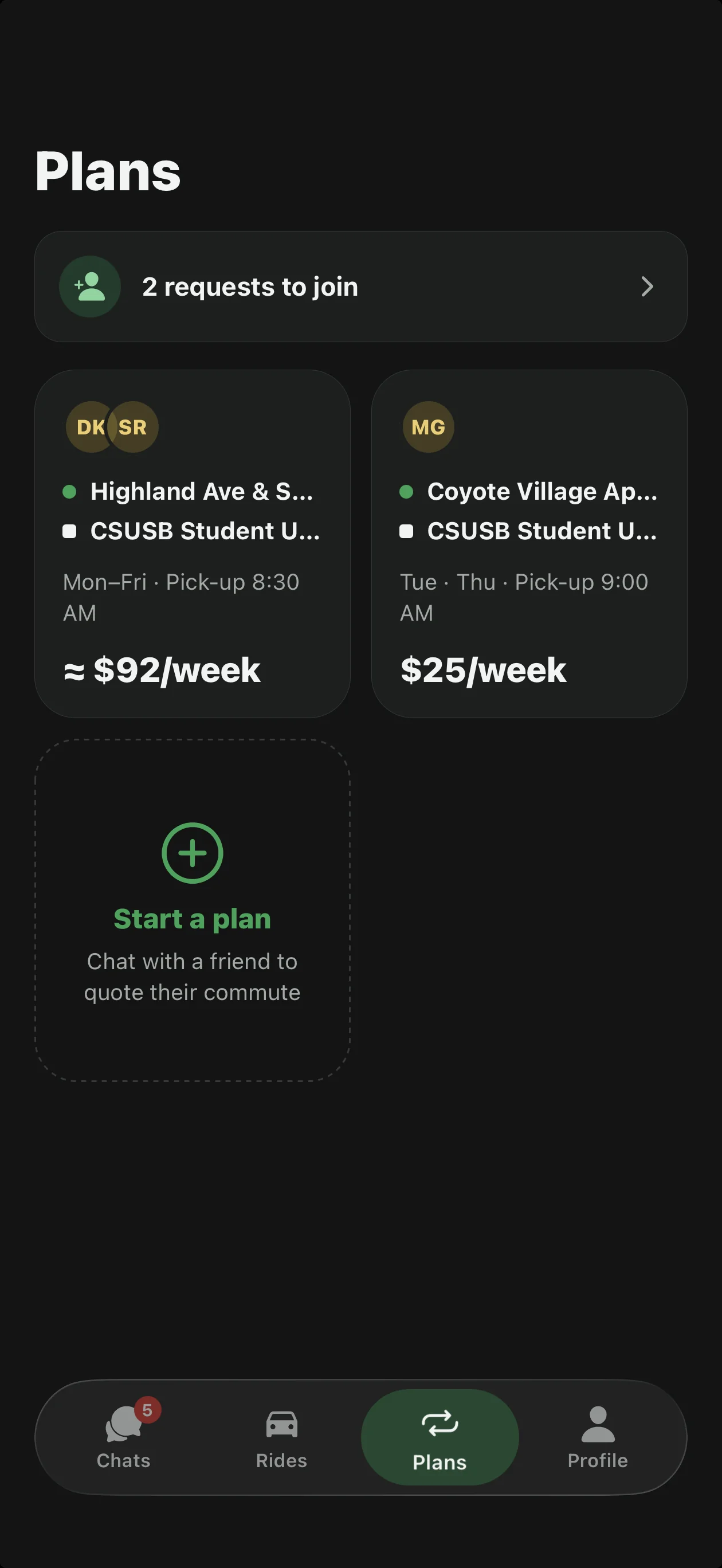 Plans screen with two weekly commute plans to CSUSB, priced per week