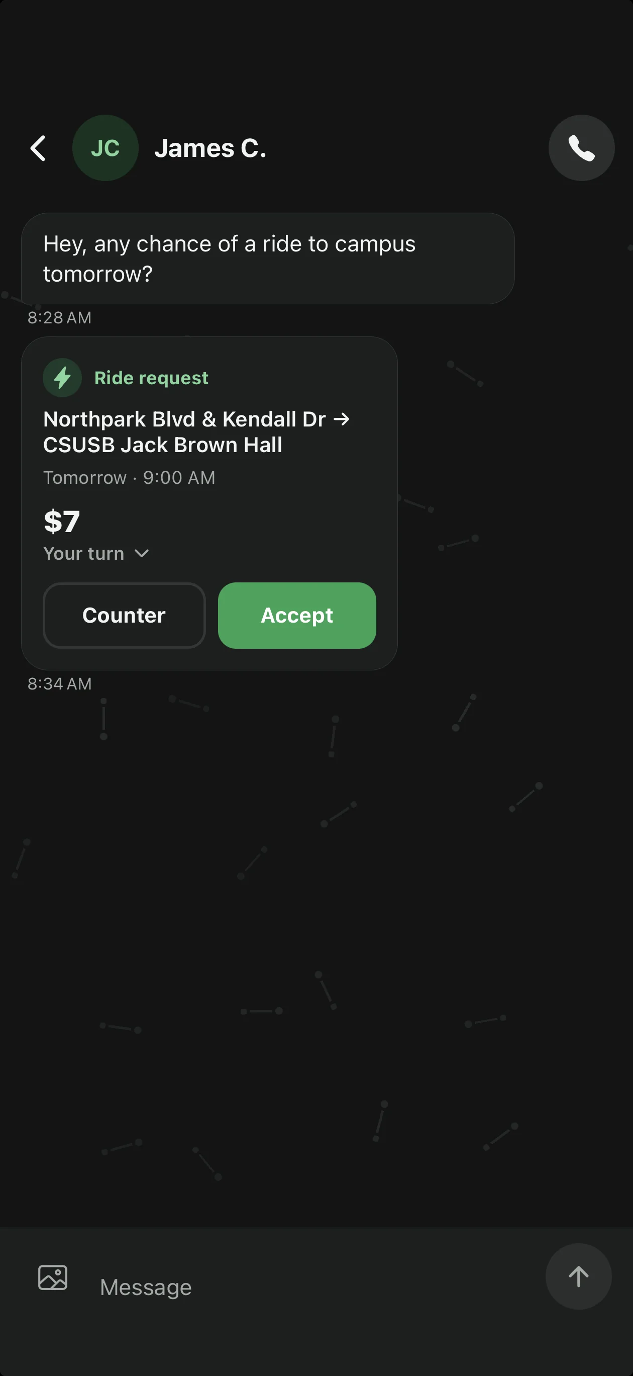 Chat with a $7 ride request to CSUSB and Counter or Accept buttons