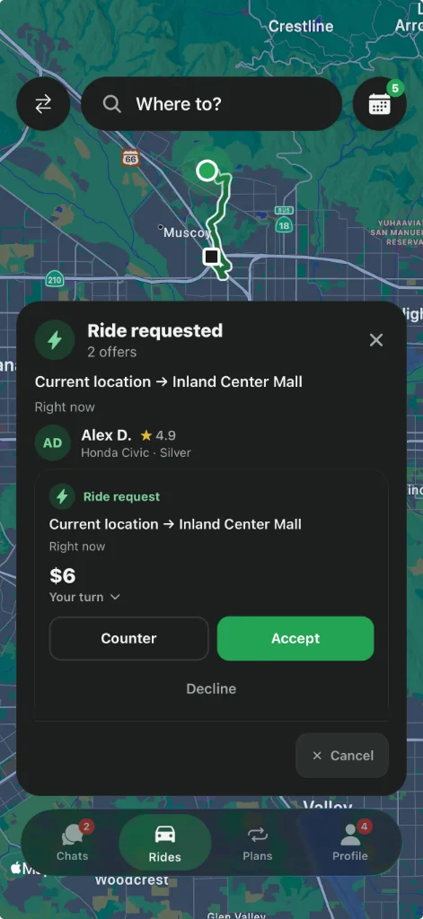 Ride request with driver name, rating, vehicle, route, and fare before you accept