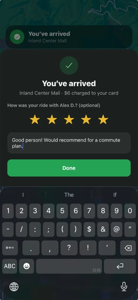 Trip complete with optional star rating for your driver