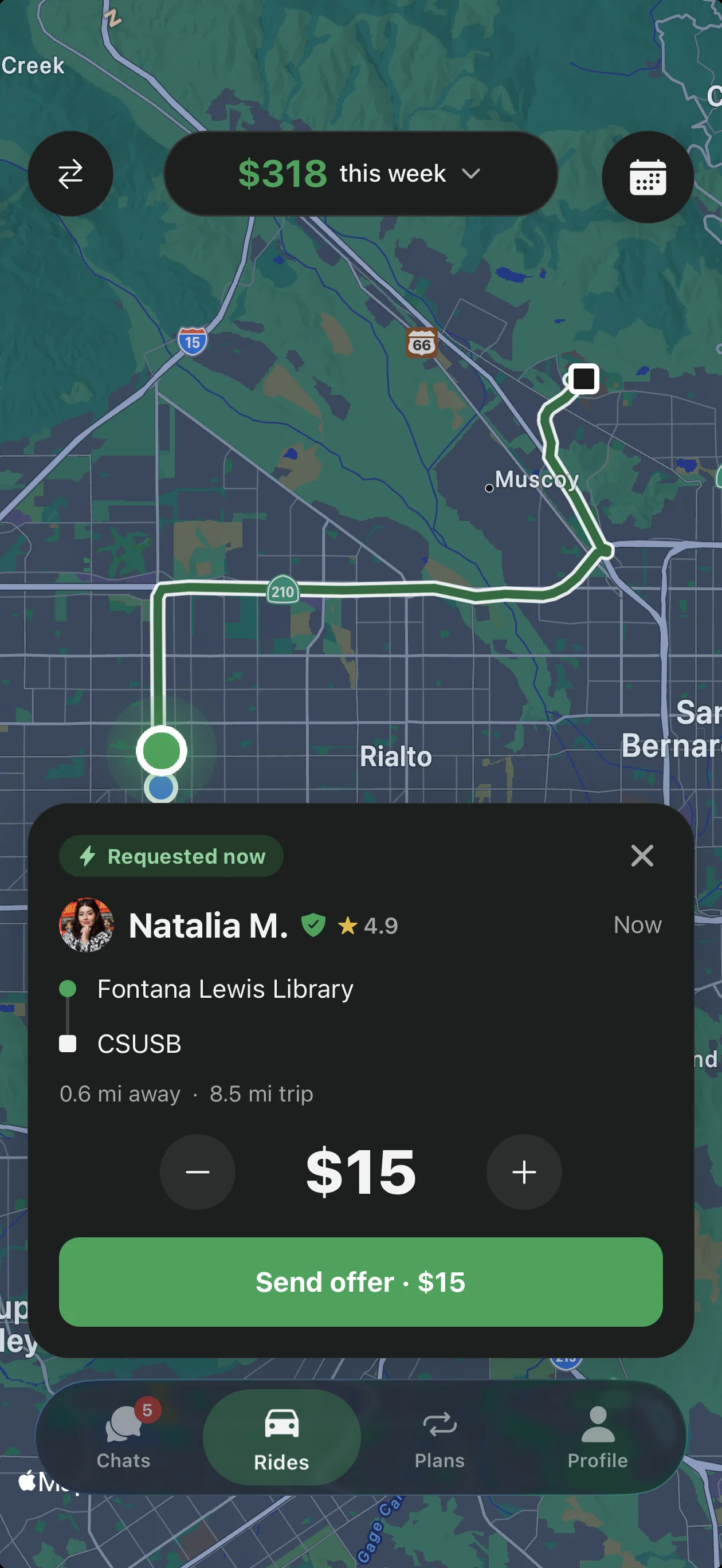 Ride request from a verified rider rated 4.9, with the route, distance and a $15 offer